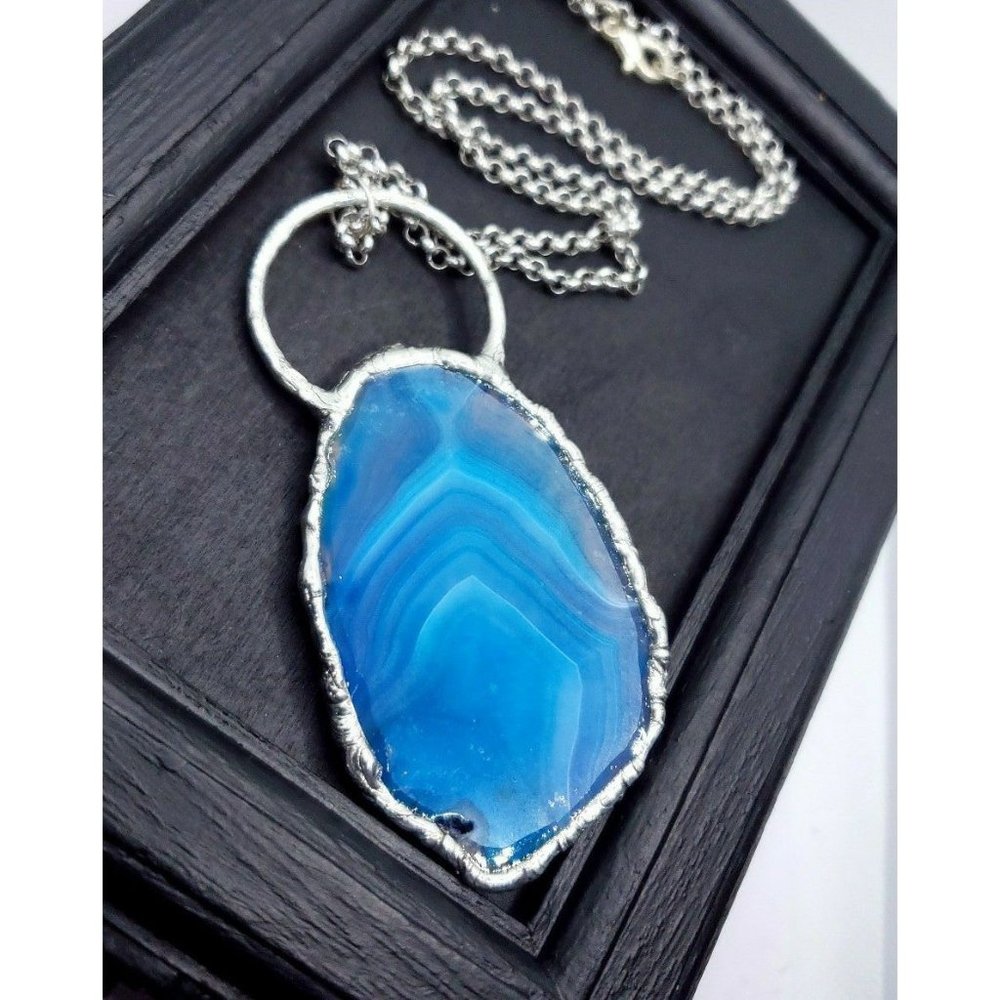 Blue agate crystal necklace handmade ocean summer statement piece